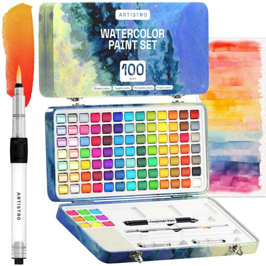 ARTISTRO Watercolor Paint Set, 100 Vivid Colors in Portable Box, Palette set Including Metallic, Fluorescent, Pastel Colors. Perfect Travel Watercolor Set for Artsits, Amateur, Hobbyists and Painting Lovers